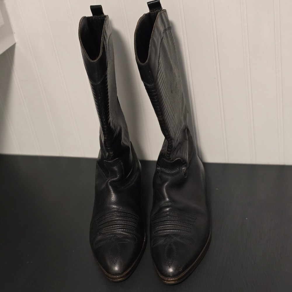 Black Leather Cowboy Boots Women's Western Tall Riding Boots‎ Pointed Toe - Picture 4 of 15